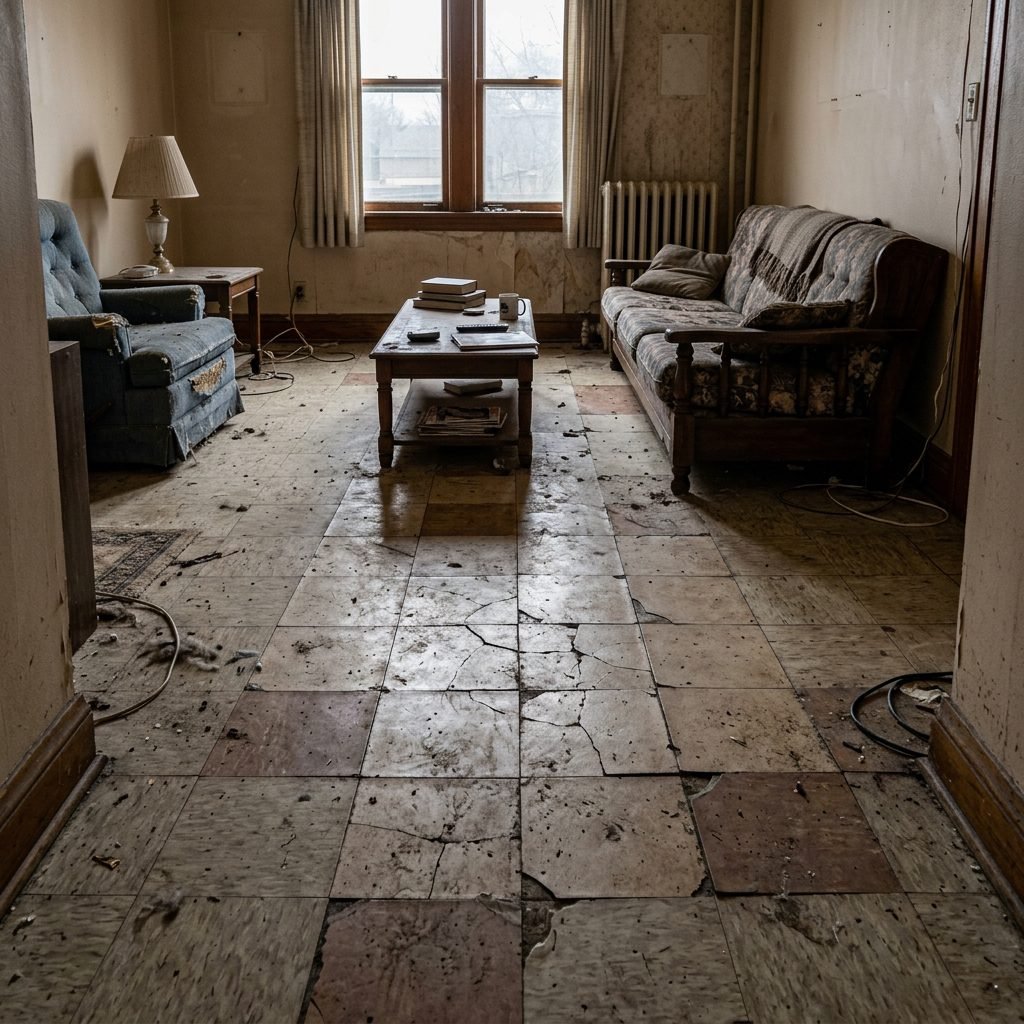 Before — worn outdated flooring in a Dubai apartment
