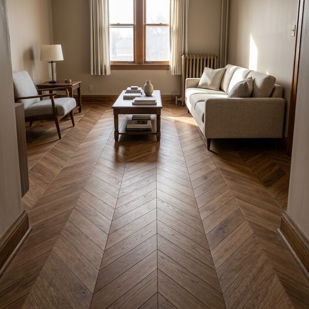 After — Bene Chevron Flooring installed in a Dubai apartment — Floor Woods