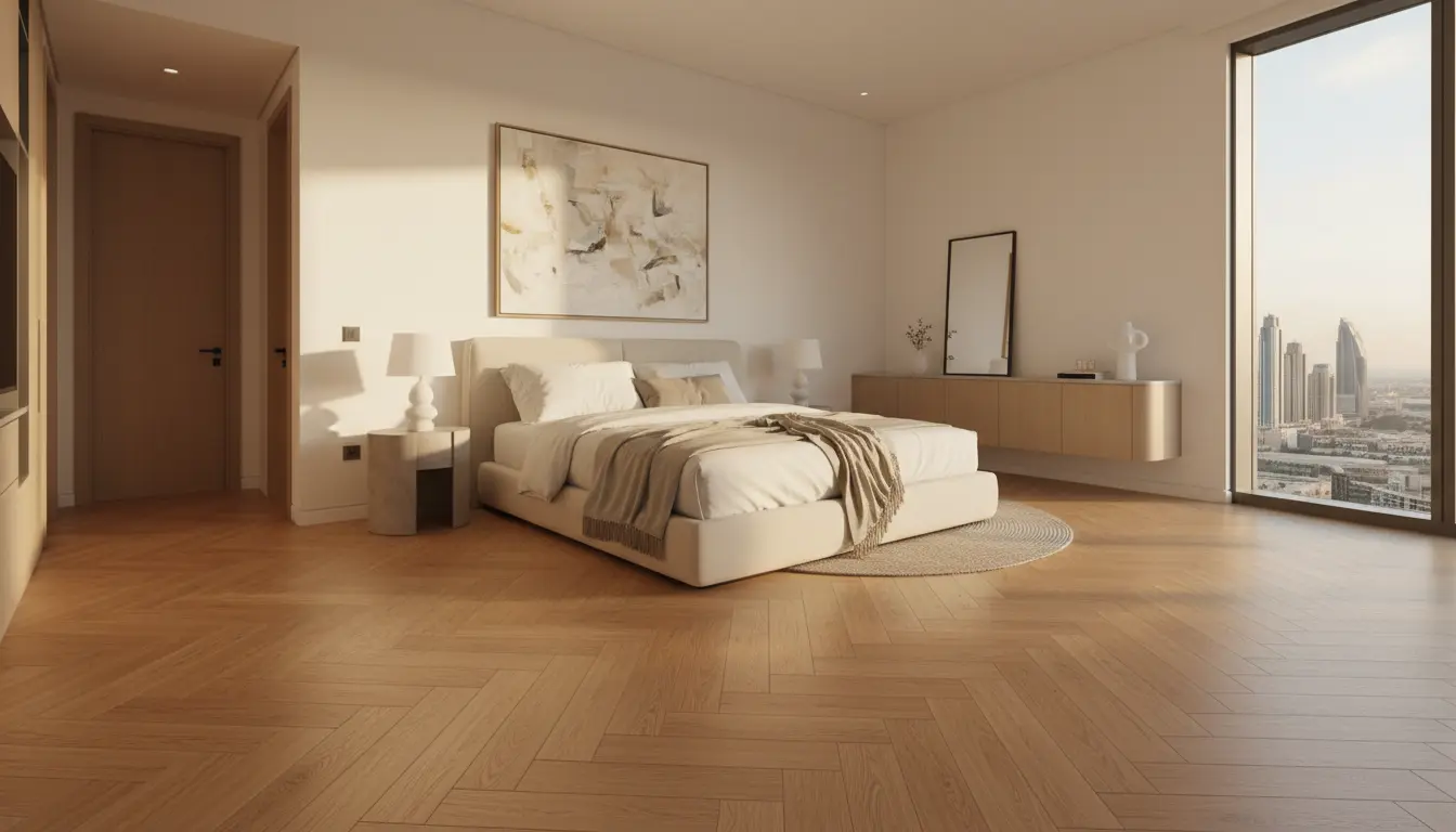 Elegant herringbone wood flooring in a luxury Dubai apartment | Flooring Company In Dubai