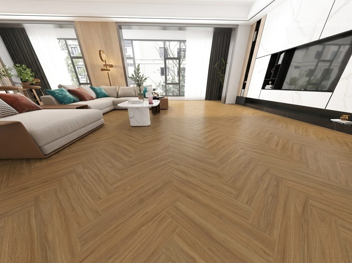 Premium SPC herringbone flooring showing warm walnut zigzag pattern texture — Floor Woods Dubai